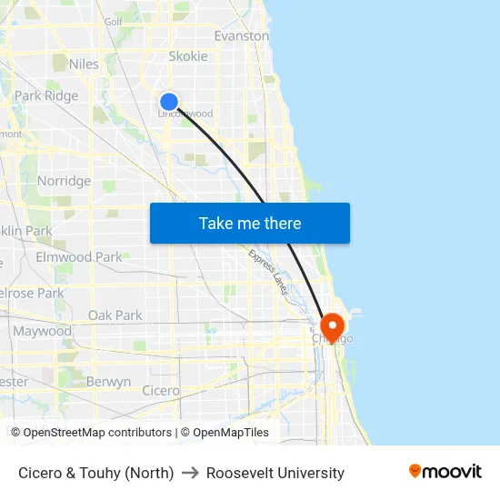 Cicero & Touhy (North) to Roosevelt University map