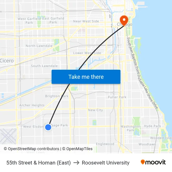 55th Street & Homan (East) to Roosevelt University map