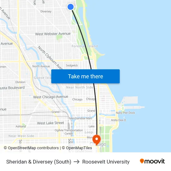 Sheridan & Diversey (South) to Roosevelt University map