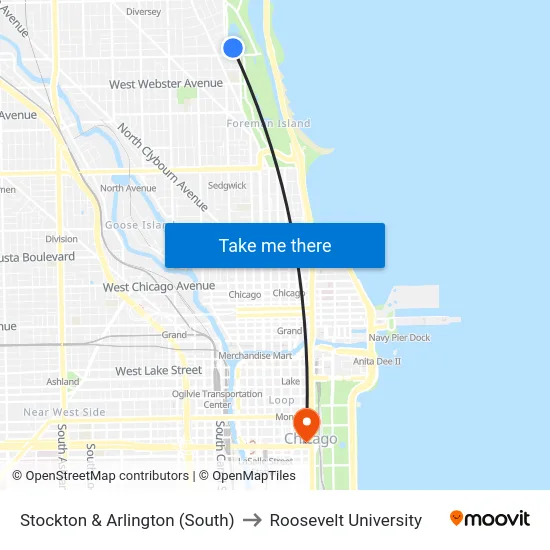Stockton & Arlington (South) to Roosevelt University map