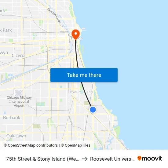75th Street & Stony Island (West) to Roosevelt University map