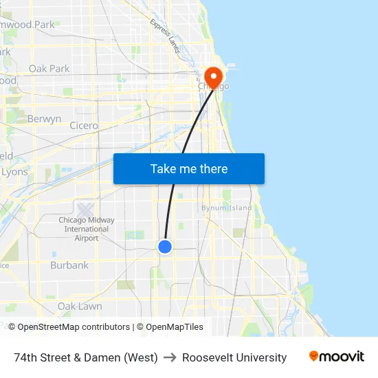 74th Street & Damen (West) to Roosevelt University map