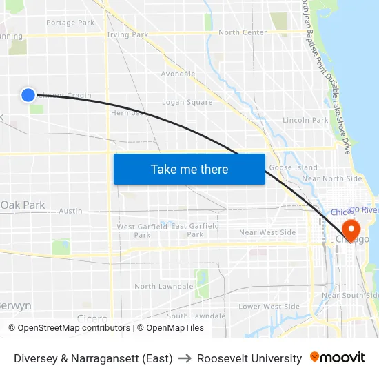 Diversey & Narragansett (East) to Roosevelt University map