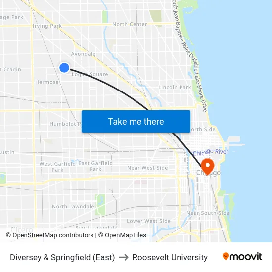Diversey & Springfield (East) to Roosevelt University map