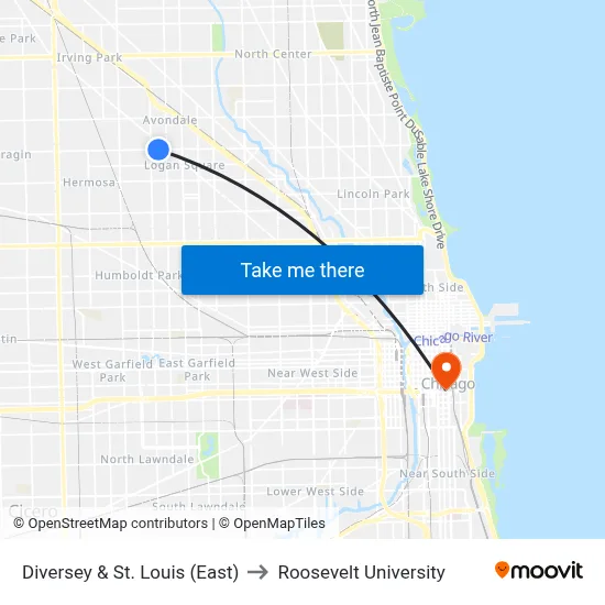 Diversey & St. Louis (East) to Roosevelt University map