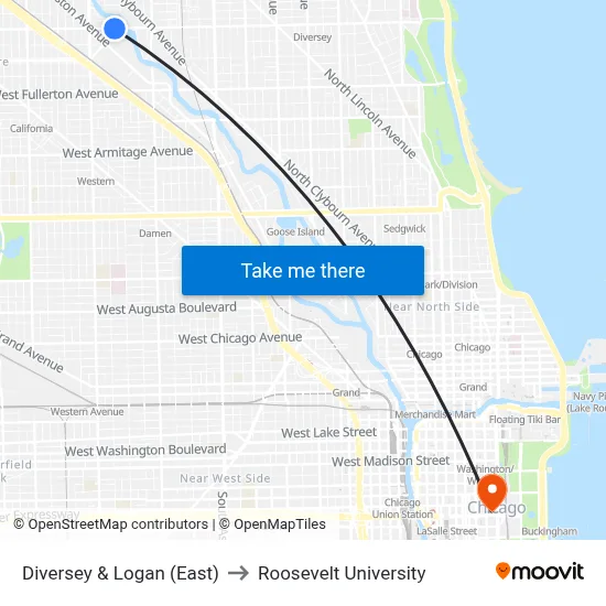 Diversey & Logan (East) to Roosevelt University map