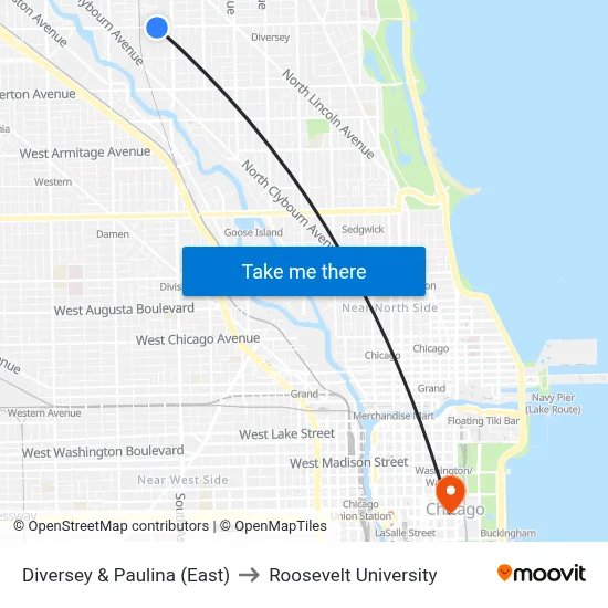 Diversey & Paulina (East) to Roosevelt University map