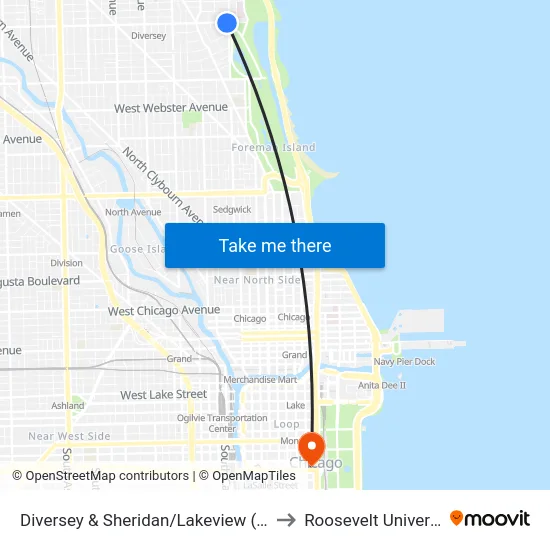 Diversey & Sheridan/Lakeview (East) to Roosevelt University map