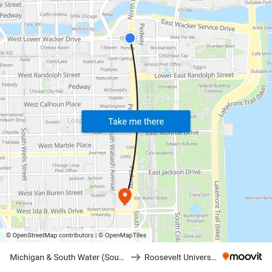 Michigan & South Water (South) to Roosevelt University map