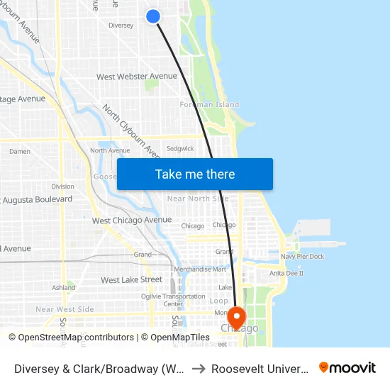 Diversey & Clark/Broadway (West) to Roosevelt University map