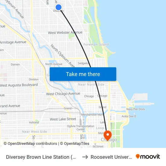 Diversey Brown Line Station (West) to Roosevelt University map