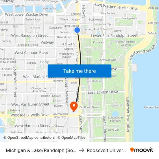 Michigan & Lake/Randolph (South) to Roosevelt University map