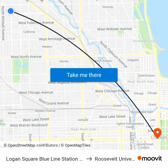 Logan Square Blue Line Station (South) to Roosevelt University map