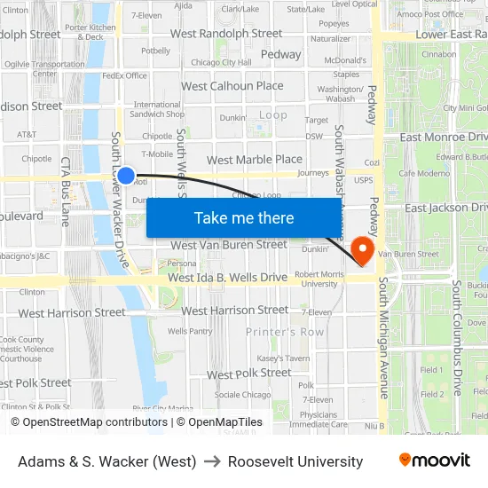 Adams & S. Wacker (West) to Roosevelt University map
