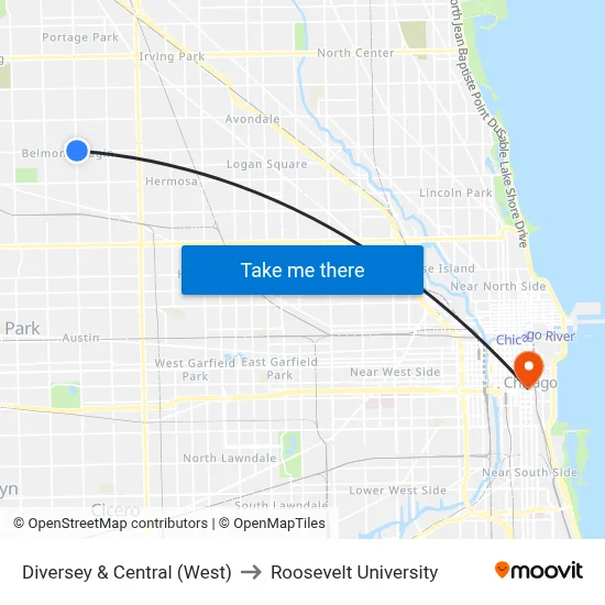 Diversey & Central (West) to Roosevelt University map