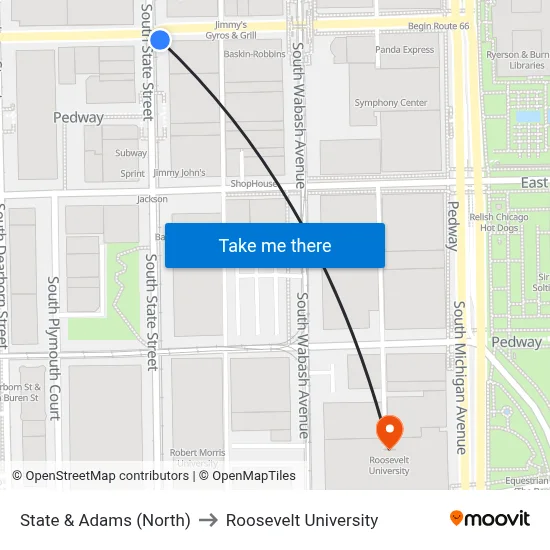 State & Adams (North) to Roosevelt University map