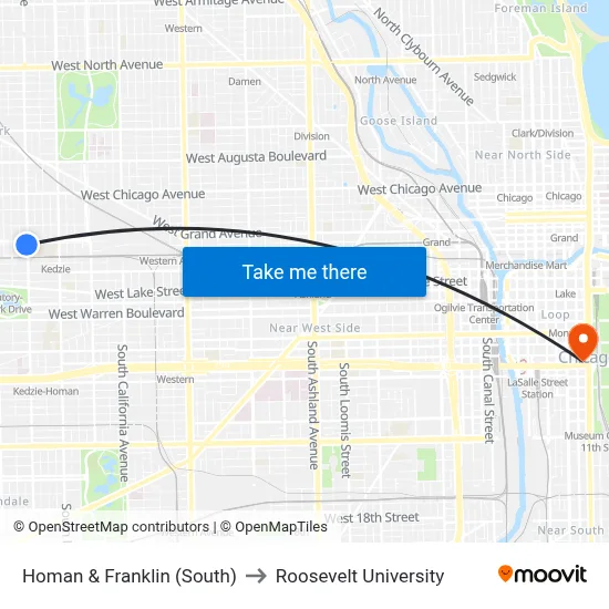 Homan & Franklin (South) to Roosevelt University map