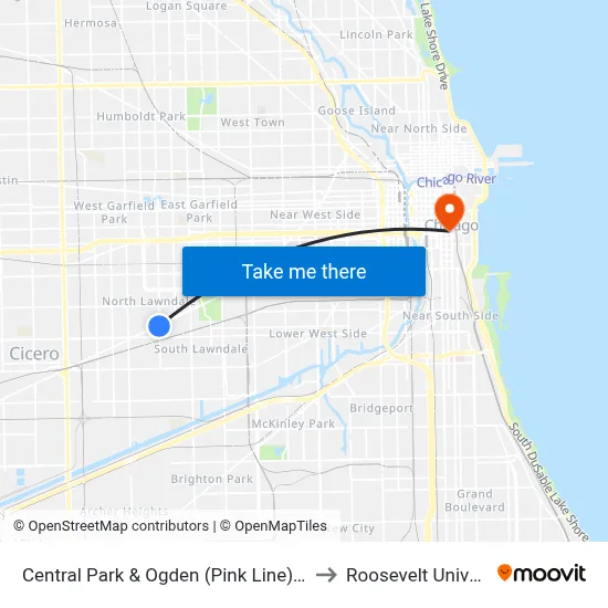 Central Park & Ogden (Pink Line) (South) to Roosevelt University map