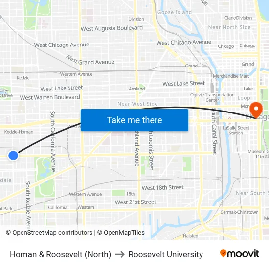 Homan & Roosevelt (North) to Roosevelt University map
