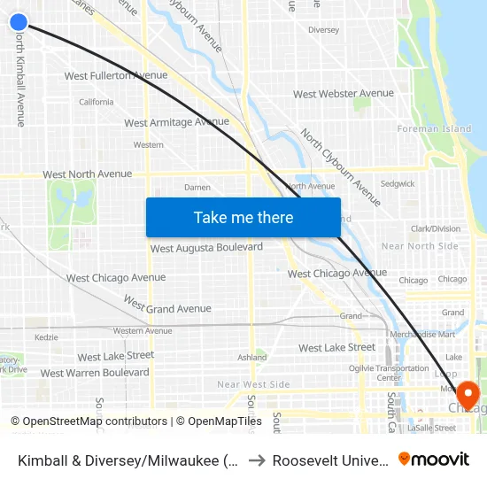 Kimball & Diversey/Milwaukee (North) to Roosevelt University map