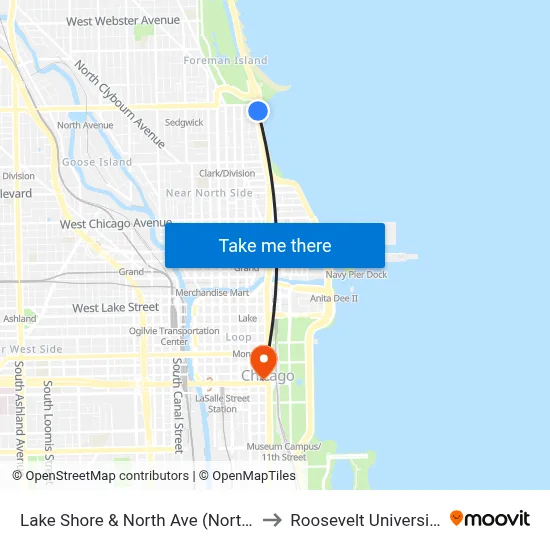 Lake Shore & North Ave (North) to Roosevelt University map