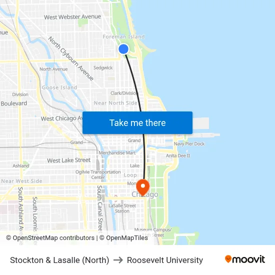 Stockton & Lasalle (North) to Roosevelt University map