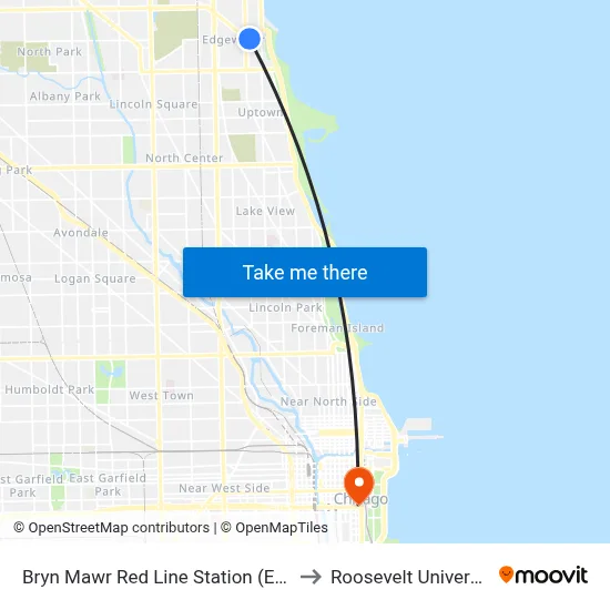 Bryn Mawr Red Line Station (East) to Roosevelt University map