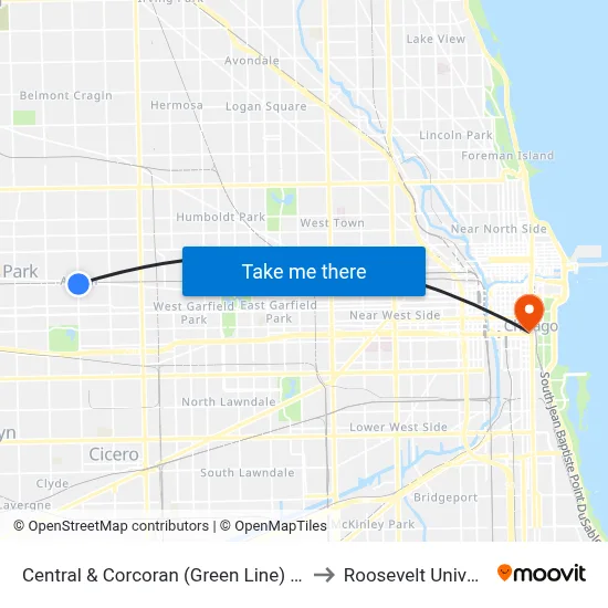 Central & Corcoran (Green Line) (North) to Roosevelt University map