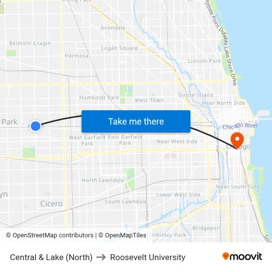 Central & Lake (North) to Roosevelt University map