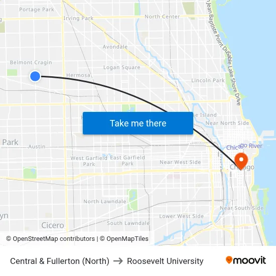 Central & Fullerton (North) to Roosevelt University map