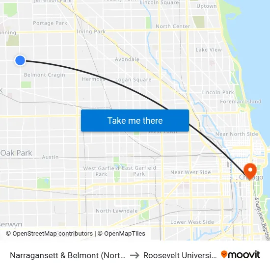 Narragansett & Belmont (North) to Roosevelt University map