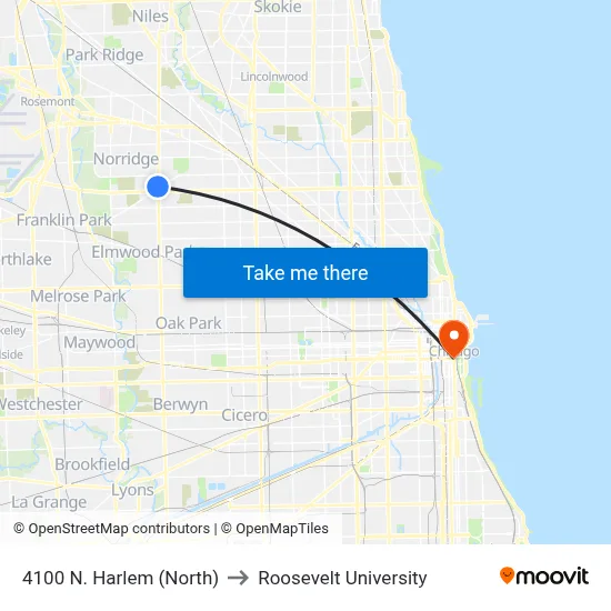 4100 N. Harlem (North) to Roosevelt University map