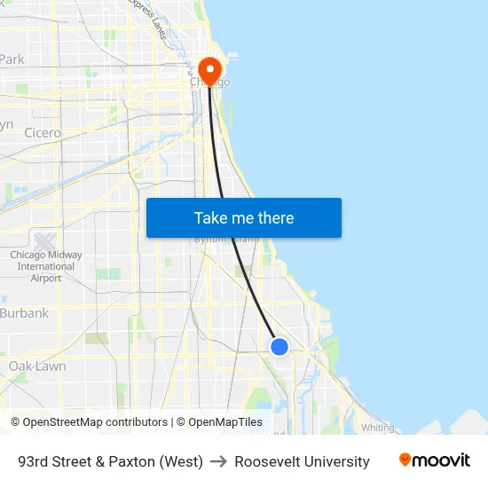 93rd Street & Paxton (West) to Roosevelt University map
