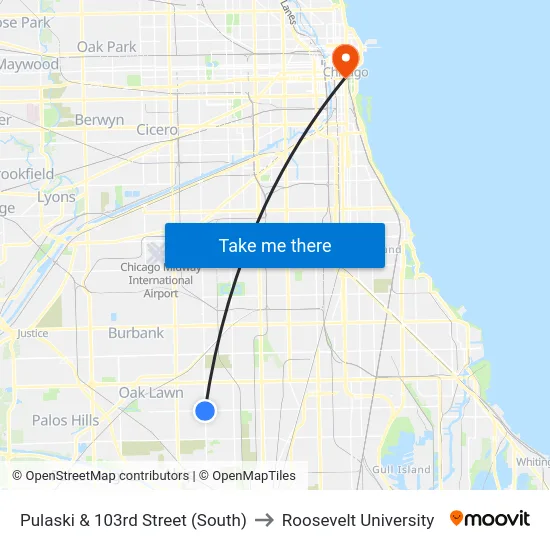 Pulaski & 103rd Street (South) to Roosevelt University map