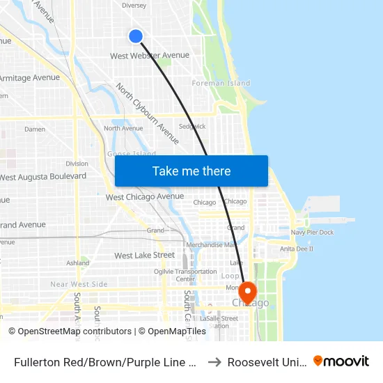 Fullerton Red/Brown/Purple Line Station (West) to Roosevelt University map