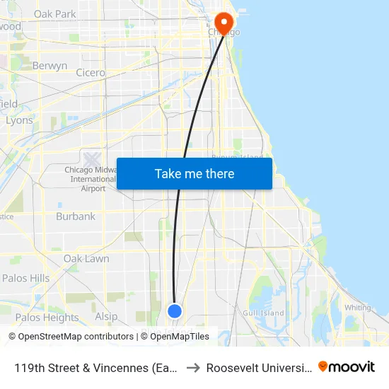119th Street & Vincennes (East) to Roosevelt University map