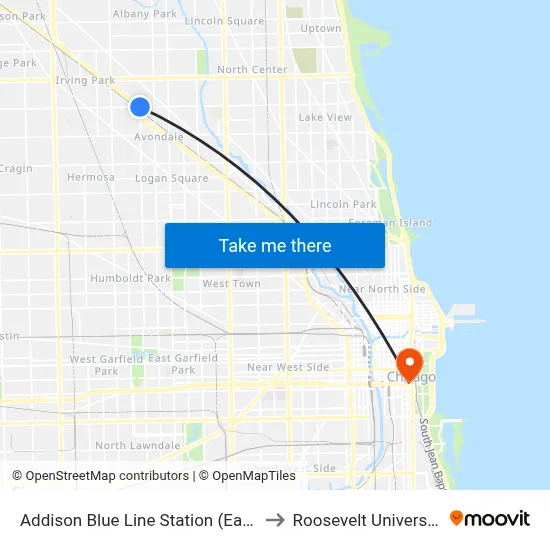 Addison Blue Line Station (East) to Roosevelt University map