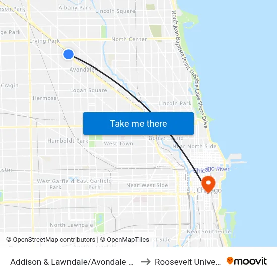 Addison & Lawndale/Avondale (West) to Roosevelt University map