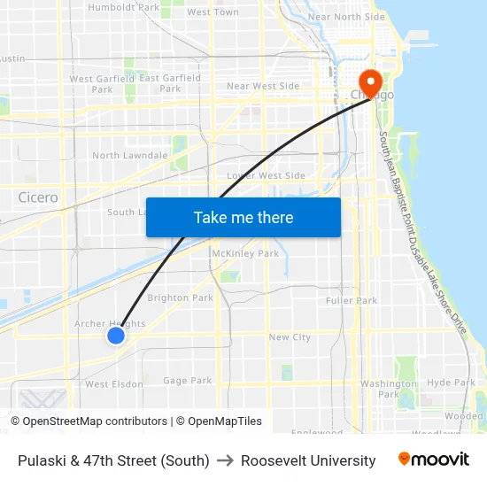 Pulaski & 47th Street (South) to Roosevelt University map