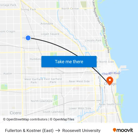 Fullerton & Kostner (East) to Roosevelt University map