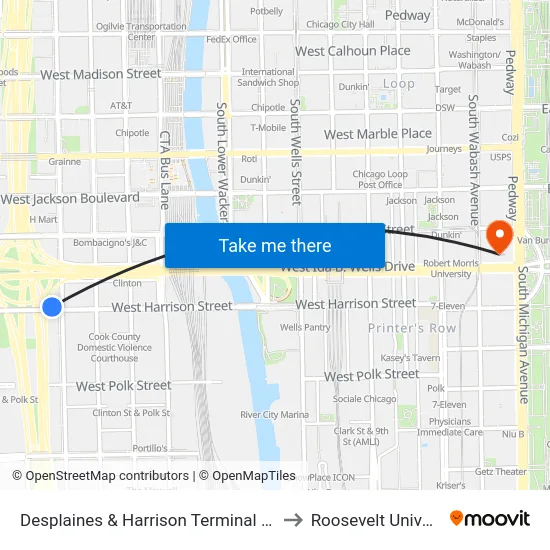 Desplaines & Harrison Terminal (South) to Roosevelt University map