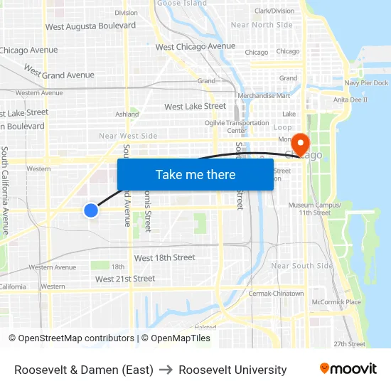 Roosevelt & Damen (East) to Roosevelt University map