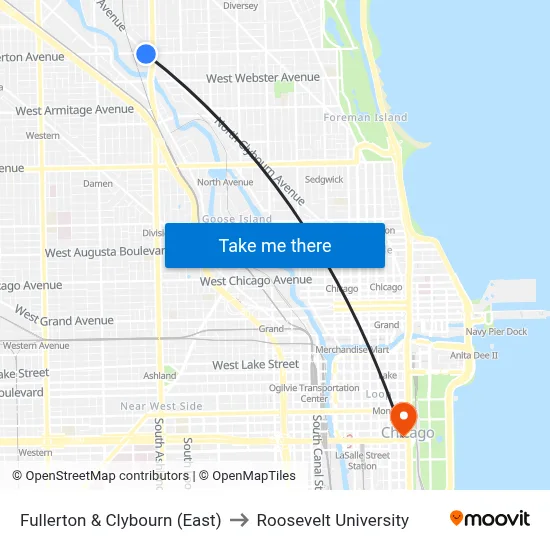 Fullerton & Clybourn (East) to Roosevelt University map
