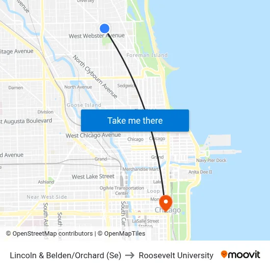 Lincoln & Belden/Orchard (Se) to Roosevelt University map