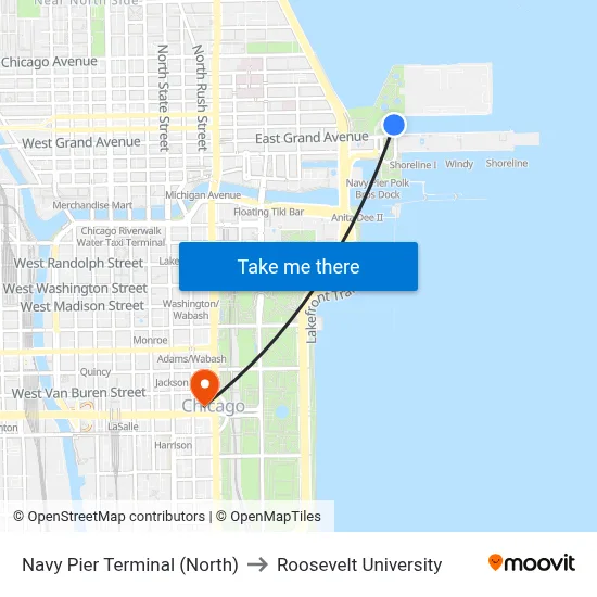Navy Pier Terminal (North) to Roosevelt University map