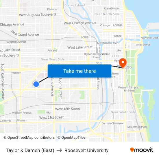Taylor & Damen (East) to Roosevelt University map