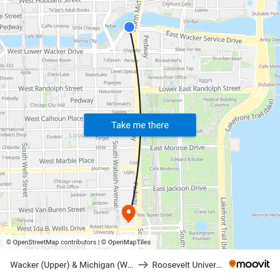Wacker (Upper) & Michigan (West) to Roosevelt University map