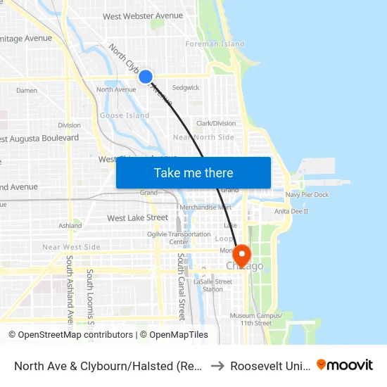 North Ave & Clybourn/Halsted (Red Line) (West) to Roosevelt University map