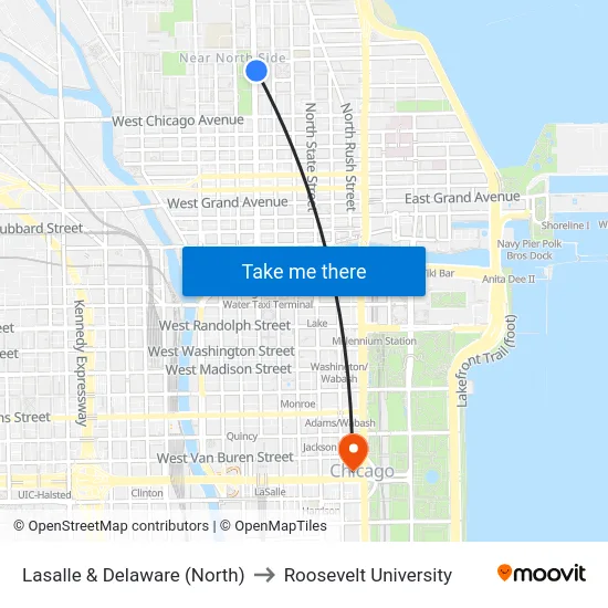 Lasalle & Delaware (North) to Roosevelt University map