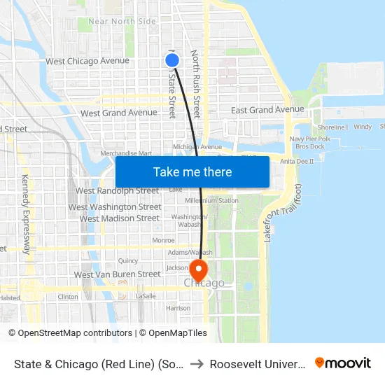 State & Chicago (Red Line) (South) to Roosevelt University map
